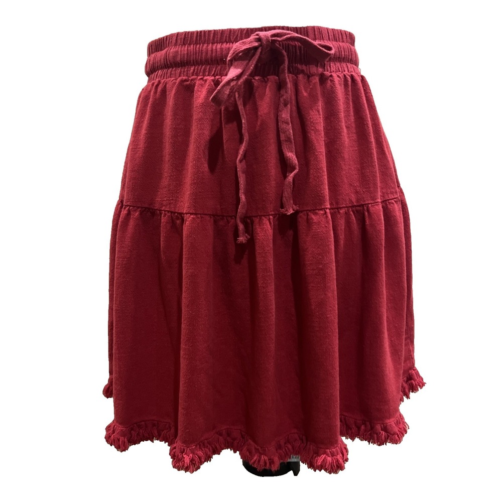 Umgee Linen Red Tiered Fringe Midi Skirt Womens Size Small Elastic Waist Summer